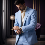 Man wearing a light blue suit adjusting his watch in a luxurious modern interior.