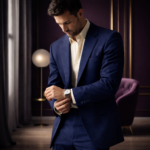 Man wearing a navy blue suit adjusting his watch in a luxurious modern interior.