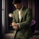 Man wearing an olive green suit adjusting his watch in a luxurious modern interior.