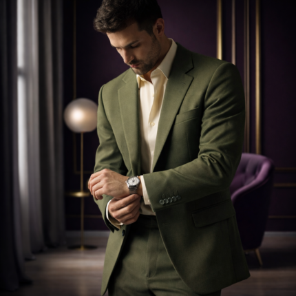 Man wearing an olive green suit adjusting his watch in a luxurious modern interior.