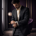 Man wearing a black suit adjusting his watch in a luxurious modern interior.