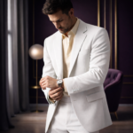 Man wearing a white suit adjusting his watch in a luxurious modern interior.