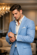 Male model wearing a sky blue textured three piece slim fit suit, adjusting his watch indoors.