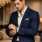 Male model wearing a navy blue textured three piece slim fit suit, adjusting his watch indoors.