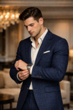 Male model wearing a navy blue textured three piece slim fit suit, adjusting his watch indoors.