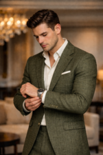 Male model wearing an olive green textured three piece slim fit suit, adjusting his watch indoors.