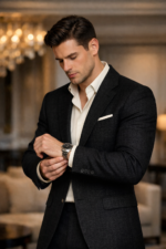 Male model wearing a charcoal black three piece slim fit suit, adjusting his watch in an elegant indoor setting.