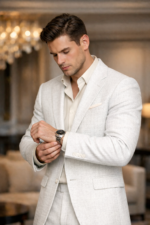 Male model wearing a light beige three piece slim fit suit with waistcoat, adjusting his watch indoors.