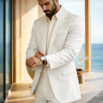 Man wearing a white suit adjusting his watch in a modern seaside interior.