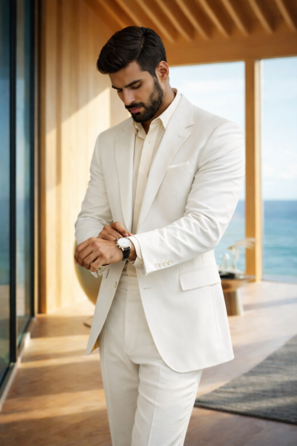 Man wearing a white suit adjusting his watch in a modern seaside interior.