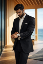 Man wearing a black suit adjusting his watch in a modern seaside interior.
