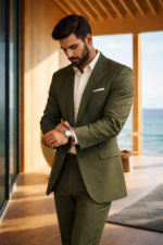 Man wearing an olive green suit adjusting his watch in a modern seaside interior.