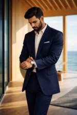 Man wearing a navy blue suit adjusting his watch in a modern seaside interior.