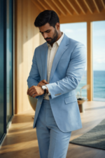 Man wearing a light blue suit adjusting his watch in a modern seaside interior.
