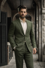 Male model wearing an olive green slim fit two-piece suit with open collar shirt, standing in a stone architectural outdoor setting.
