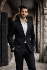 Male model wearing a classic black slim fit two-piece suit with open collar shirt, standing in a stone architectural setting.