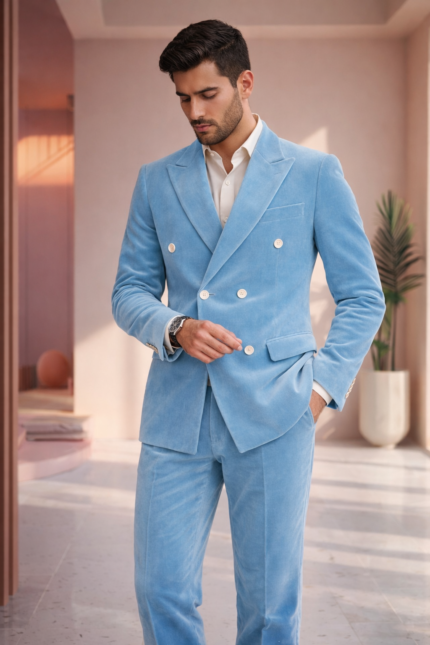 Male model wearing a sky blue double breasted velvet suit with peak lapels and tailored slim fit styling.
