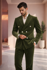 Elegant men’s olive green double-breasted velvet suit with peak lapel, styled in a modern slim fit design.