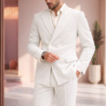 Male model wearing a white double breasted velvet suit with peak lapels and tailored slim fit design.
