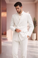 Male model wearing a white double breasted velvet suit with peak lapels and tailored slim fit design.