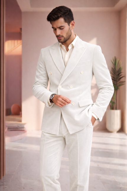 Male model wearing a white double breasted velvet suit with peak lapels and tailored slim fit design.