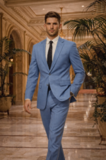 Man wearing a light blue suit with patterned tie walking in a luxurious hotel lobby.