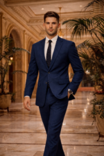 Man wearing a navy blue suit with patterned tie walking in a luxurious hotel lobby.