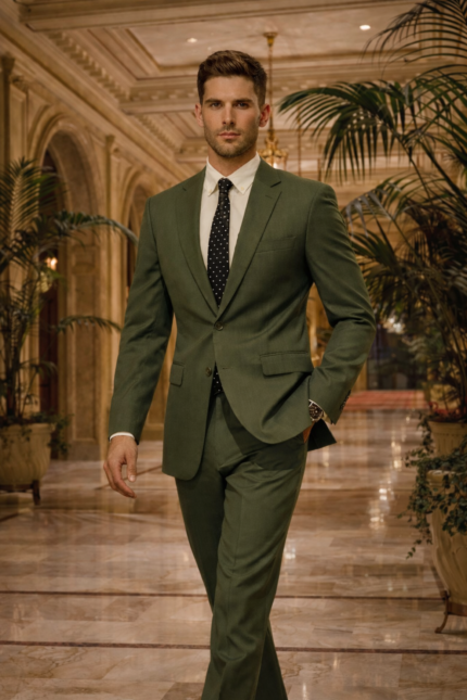 Man wearing an olive green formal suit with patterned tie walking in a luxurious hotel lobby.