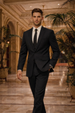 Man wearing a black suit with patterned tie walking in a luxurious hotel lobby.