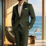 Man wearing an olive green suit with black lapels standing in a luxury seaside interior.