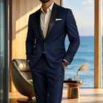 Man wearing a navy blue suit with black satin lapels standing in a luxury seaside interior.