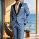 Man wearing a light blue suit with black lapels standing in a modern seaside interior with ocean view.