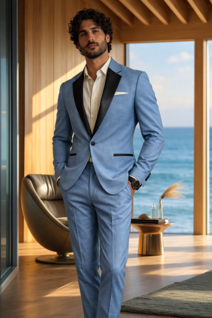 Man wearing a light blue suit with black lapels standing in a modern seaside interior with ocean view.