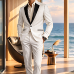 Man wearing a white suit with black satin lapels standing in a luxury seaside interior.