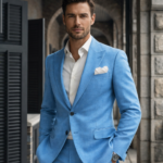 Man wearing a light blue suit with white shirt standing in a classic stone corridor.
