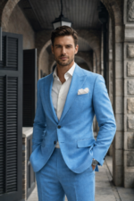 Man wearing a light blue suit with white shirt standing in a classic stone corridor.