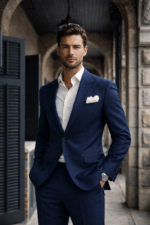 Man wearing a navy blue tailored suit with white shirt standing in a classic stone corridor