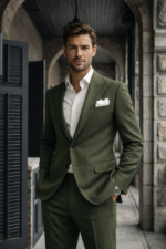Man wearing an olive green tailored suit with white shirt standing in a classic stone corridor.