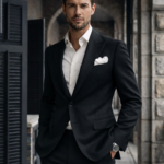 Man wearing a black tailored suit with white shirt standing in a classic stone corridor.