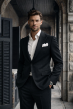 Man wearing a black tailored suit with white shirt standing in a classic stone corridor.