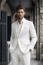 Man wearing a white tailored suit with white shirt standing in a classic stone corridor.