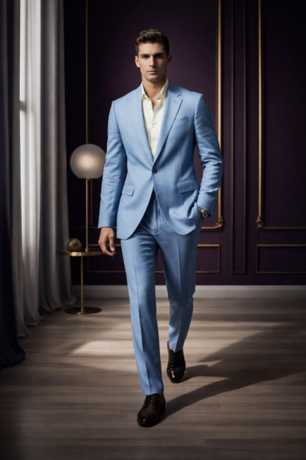 Male model walking in a sky blue slim fit two-piece suit with open collar shirt in an elegant indoor setting.