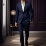 Male model walking in a navy blue slim fit two-piece suit with open collar shirt in a luxury indoor setting.