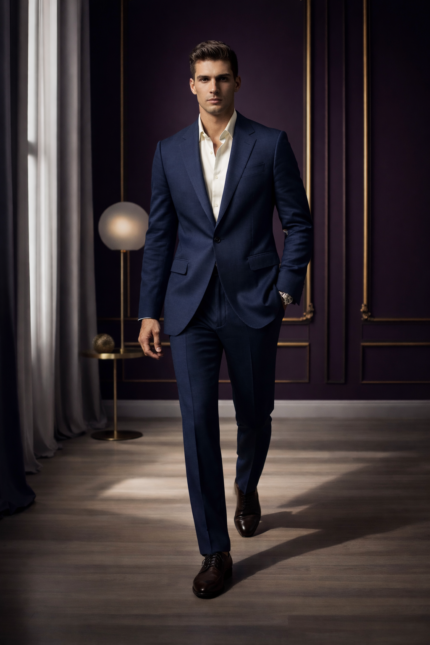 Male model walking in a navy blue slim fit two-piece suit with open collar shirt in a luxury indoor setting.