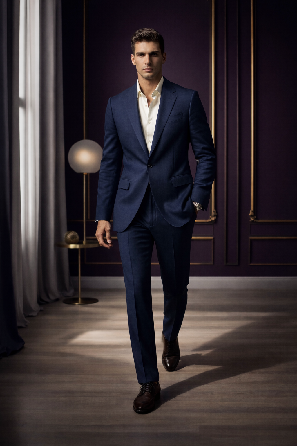 Men’s Navy Blue Slim Fit Suit – Modern Formal & Business Wear Male model walking in a navy blue slim fit two-piece suit with open collar shirt in a luxury indoor setting.