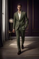 Male model walking in an olive green slim fit two-piece suit with open collar shirt in a luxury indoor setting.