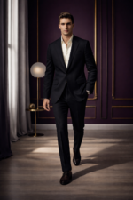 Male model walking in a classic black slim fit two-piece suit with open collar shirt in an elegant indoor setting.