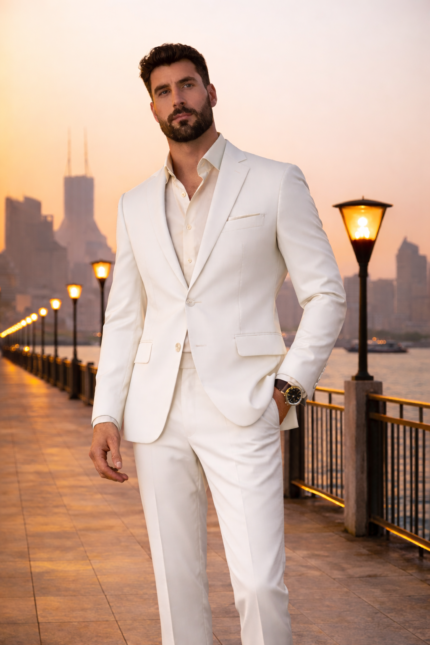 Male model wearing a white slim fit two-piece suit with open collar shirt, standing outdoors at sunset promenade.
