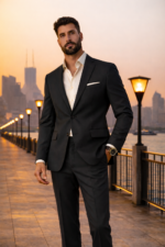Male model wearing a black slim fit two-piece suit with white shirt, standing outdoors at sunset promenade.
