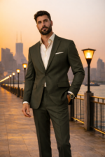 Male model wearing an olive green slim fit two-piece suit with white shirt, standing outdoors at sunset.
